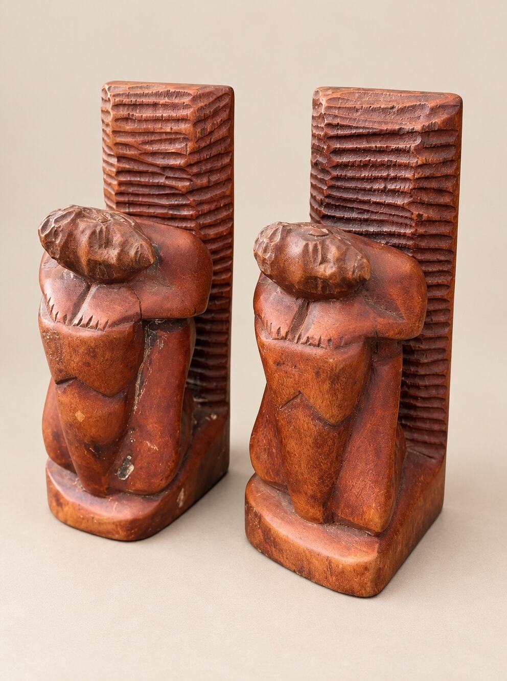 Vintage mid century folk art hand carved book ends